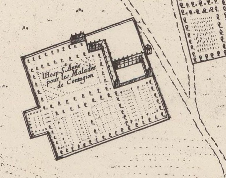 L'hôpital Sainte-Anne sur le plan de Jouvin de Rochefort en 1672 © Domaine public