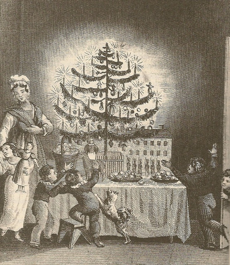 Première image publiée d'un sapin de Noël, en frontispice du 1836 «Le cadeau de l'étranger» de Hermann Bokum - Domaine public.